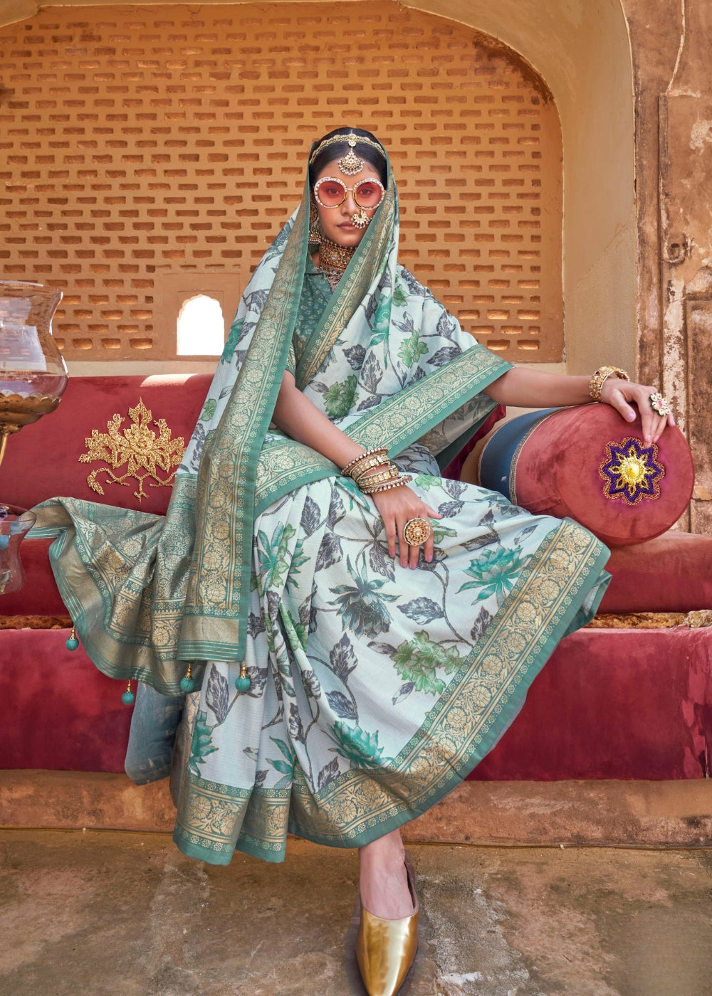 Neerja - Aqua Green Silk Saree with Floral XO Print – Sanskriti Wear