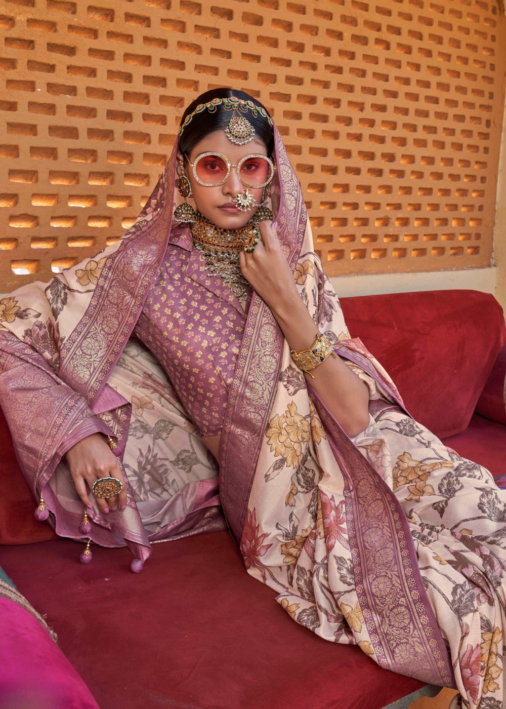 Tamalika - Beige & Plum Silk Saree with Floral XO Print – Sanskriti Wear