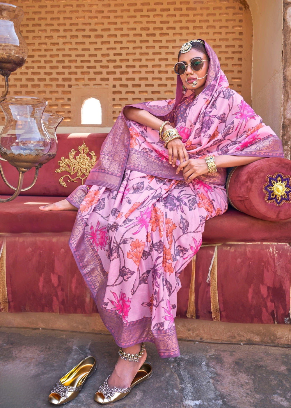Rangrekha - Lavender Pink Silk Saree with Floral XO Print – Sanskriti Wear