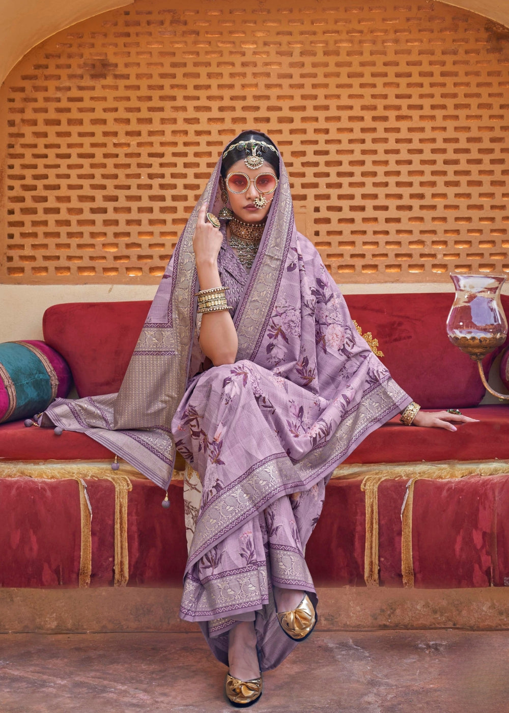 Indulekha - Lavender-Purple Silk Saree with Floral XO Print – Sanskriti Wear