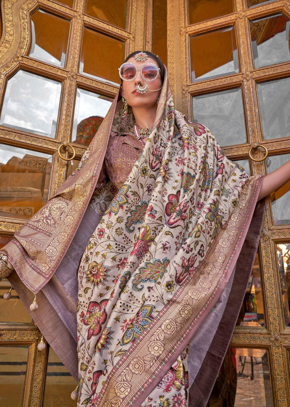 Rajnandini - Cream Silk Saree with Floral XO Print – Sanskriti Wear