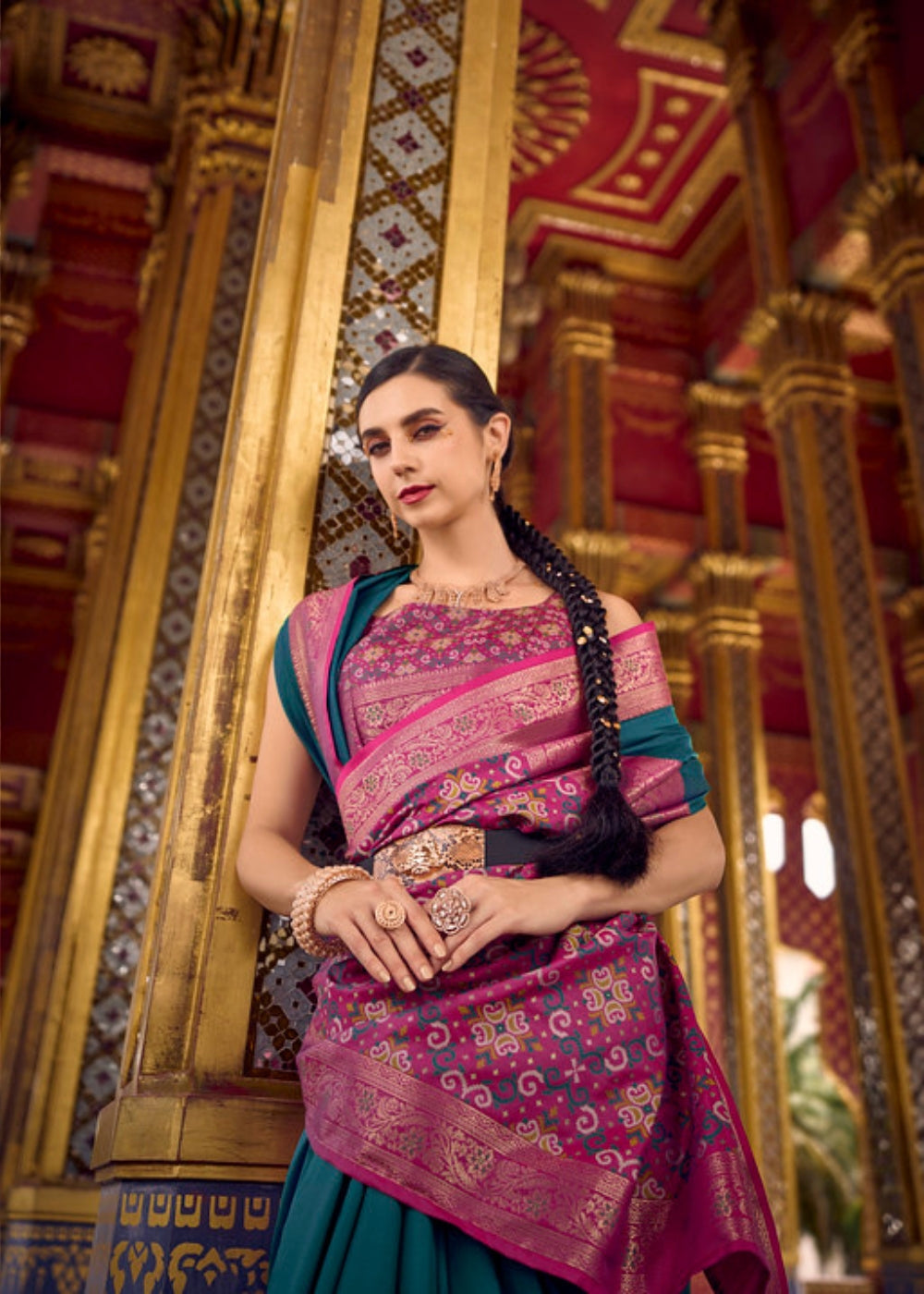 Raatrani Teal Silk Saree with Magenta Traditional Weaving