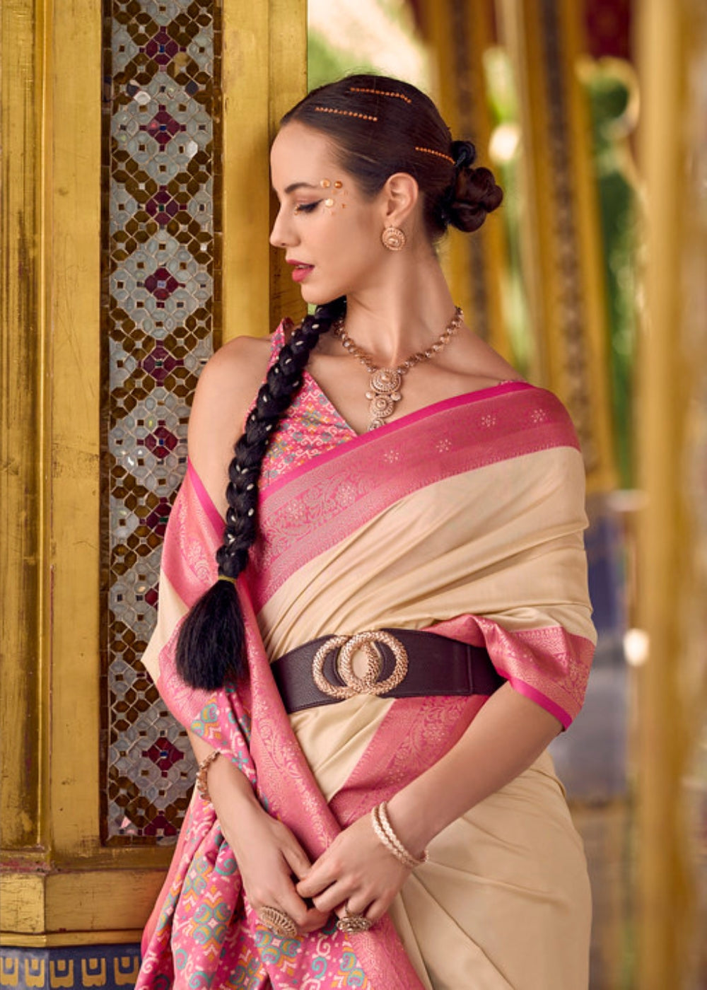 Shweta Saaj Cream and Rose Silk Saree with Antique Border