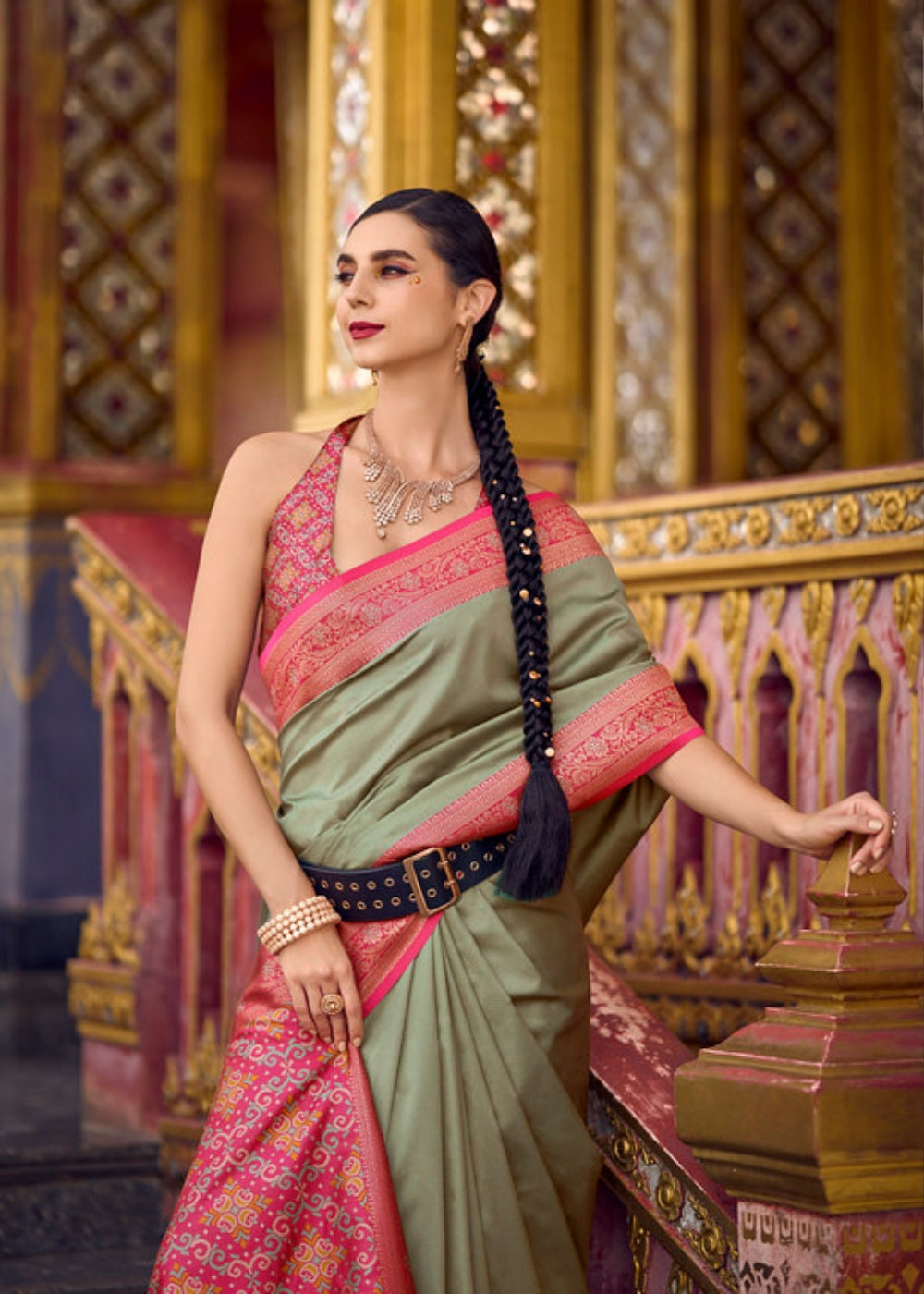 Gulaabi Tehzeeb Sage Green and Pink Silk Saree with Heritage Zari