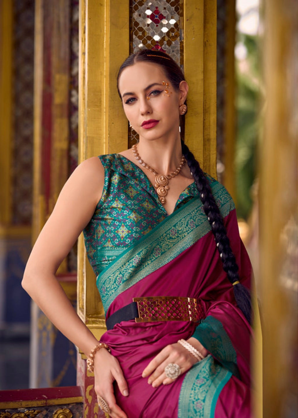 Mohini Deep Green Maroon Silk Saree with Traditional Zari Embellishment