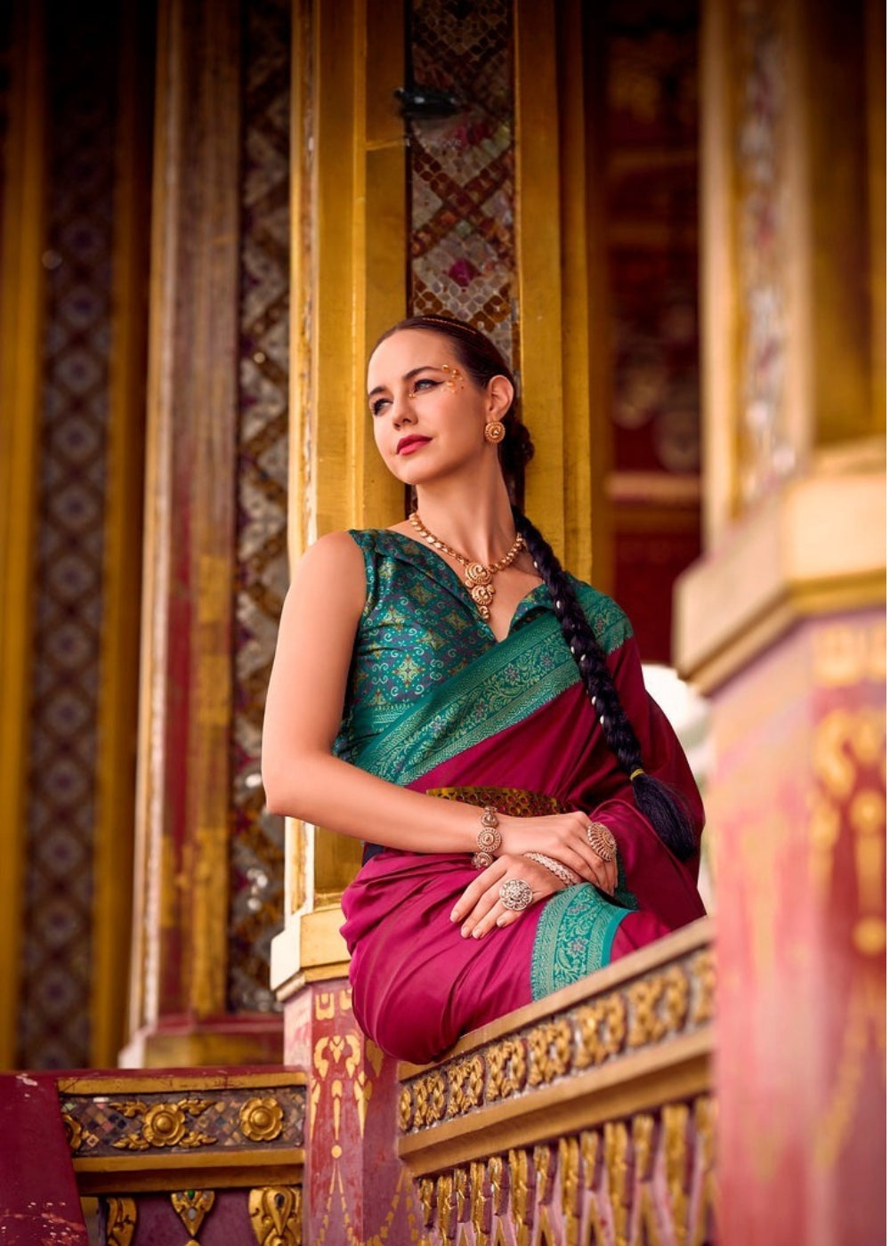 Varnika Bottle Green Silk Saree with Pink Zari Contrast Border