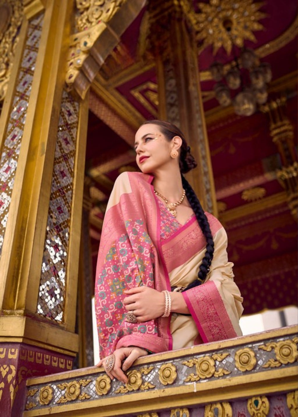 Shweta Saaj Cream and Rose Silk Saree with Antique Border