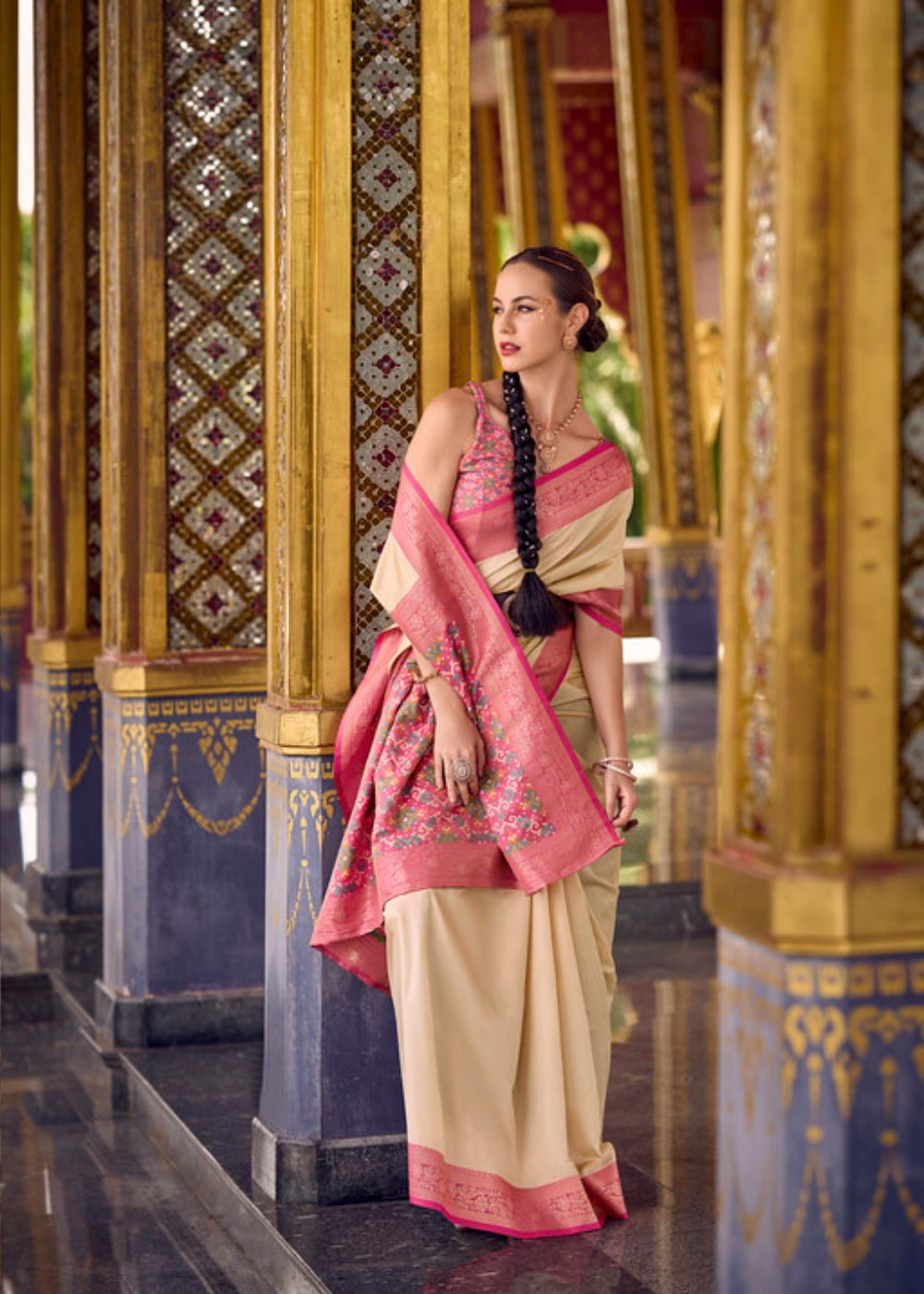 Shweta Saaj Cream and Rose Silk Saree with Antique Border