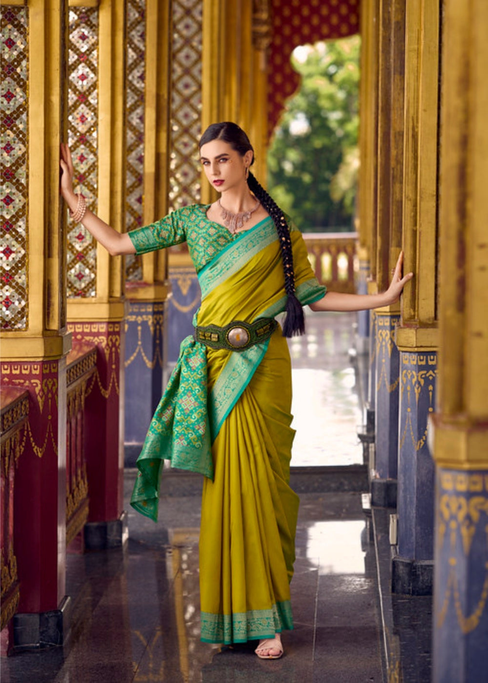 Amra Viraasat Olive Green Silk Saree with Golden Zari Border