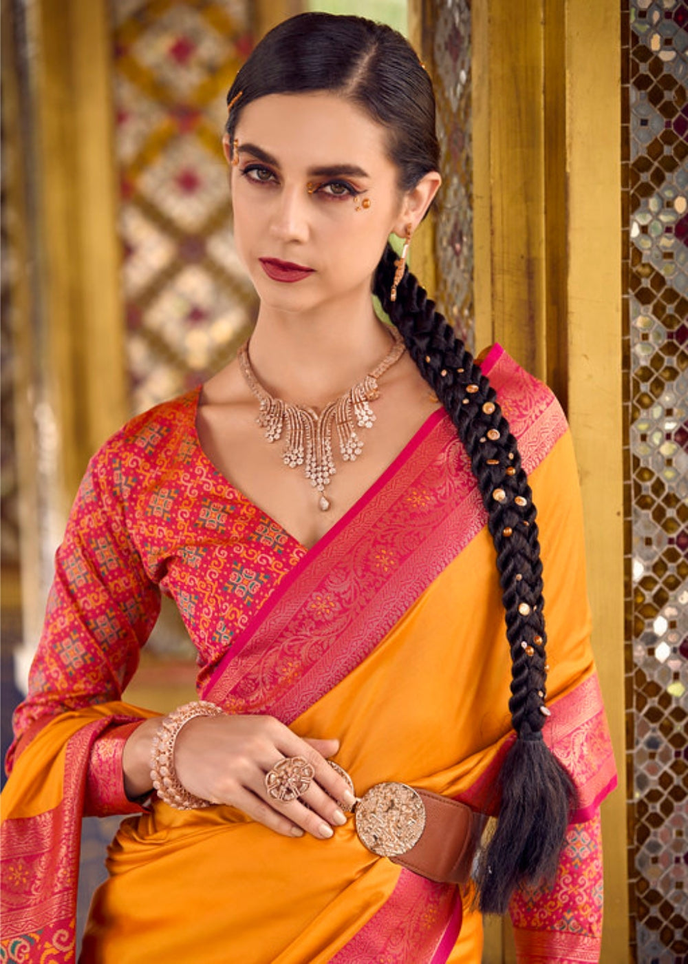 Kanaka Drape Yellow Pink Soft Silk Saree with Contrast Weaving