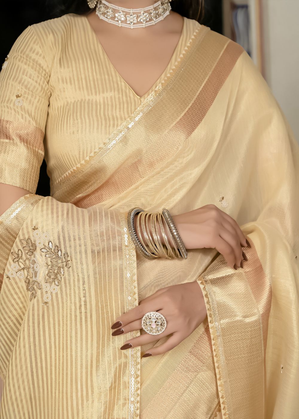 Golden Aura Celebration Saree in Tissue Linen with Intricate Hand Embroidery