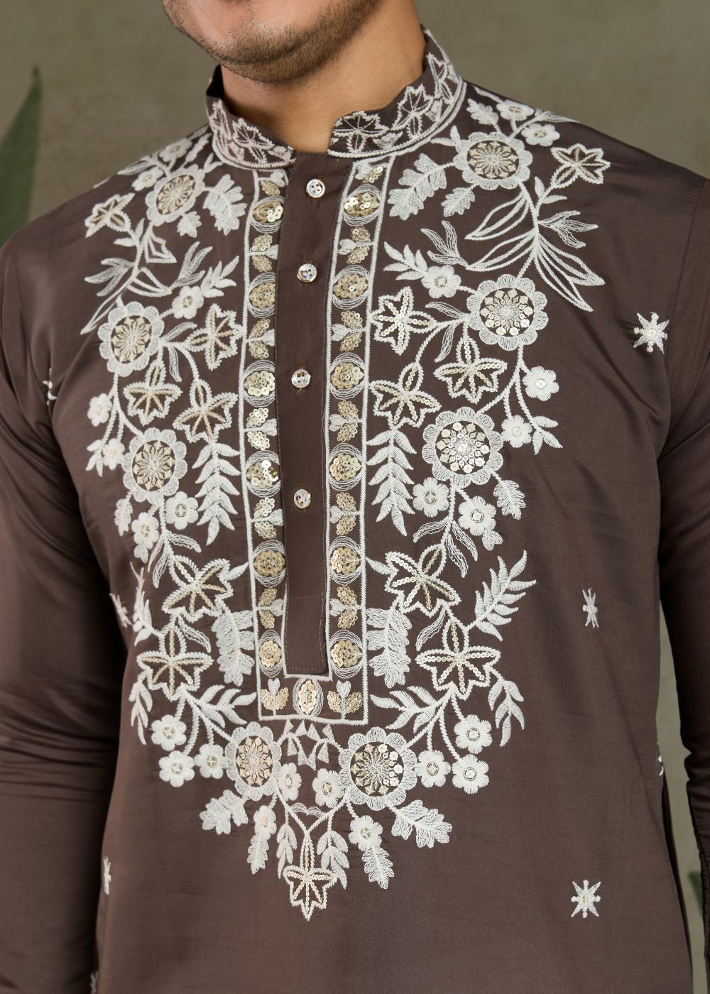 Chocolate Grey Rayon Kurta with Heritage Thread Work: Top Style Pick