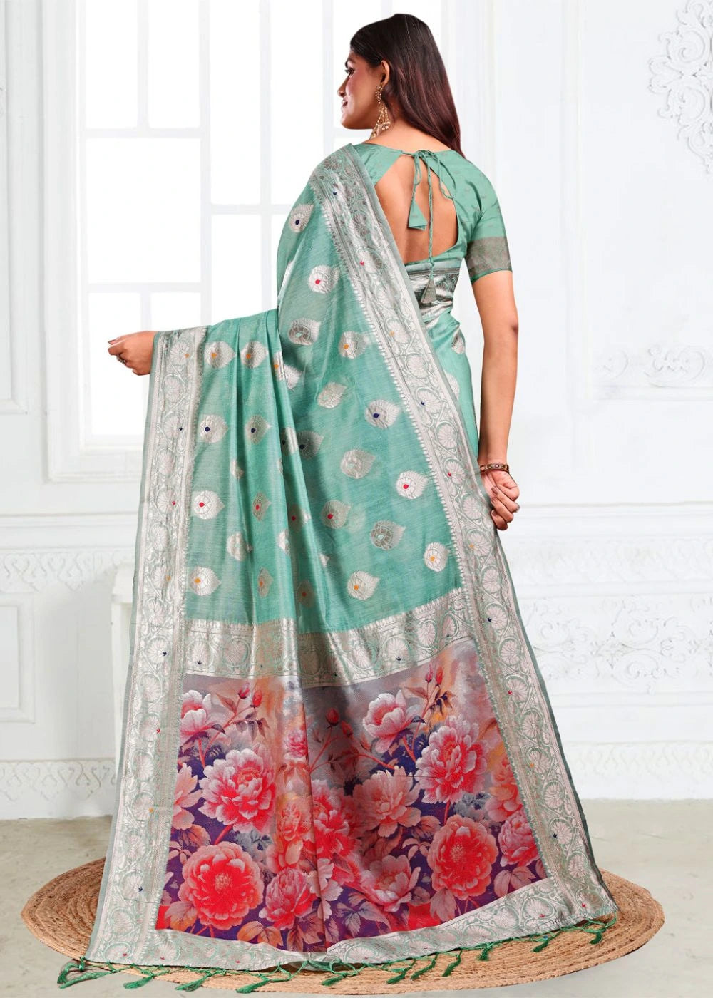Sea Green Linen Cotton Saree with Silver Paisley Weaves & Vibrant Floral Pallu