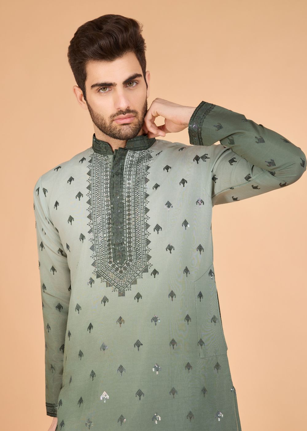 Omber Green Regal Kurta – Majestic Thread Embroidered Style