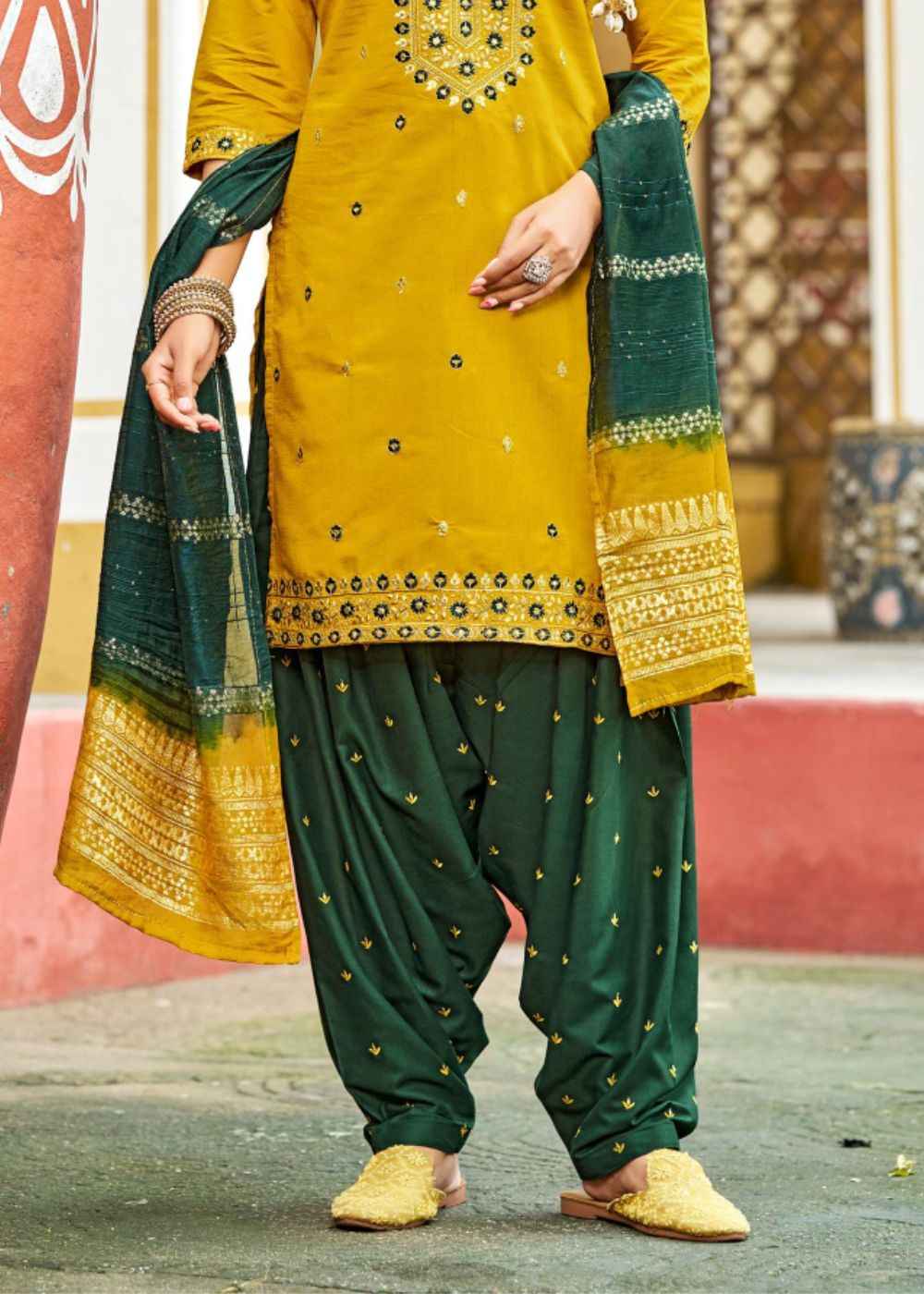 Golden Mustard Glamour – Gadhwal Silk Patiyala Suit