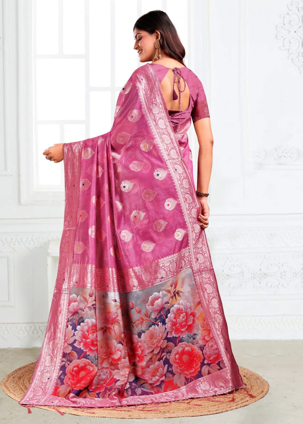 Orchid Pink Linen Cotton Saree with Rich Woven Motifs & Royal Garden Floral Pallu