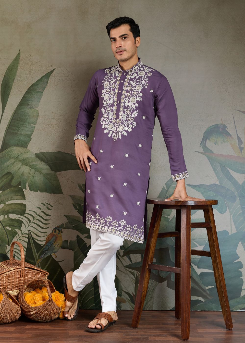 Pastel Purple Rayon Kurta with White Royal Embroidery: Festive Must-Have