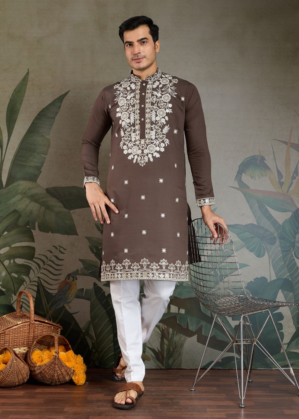 Chocolate Grey Rayon Kurta with Heritage Thread Work: Top Style Pick