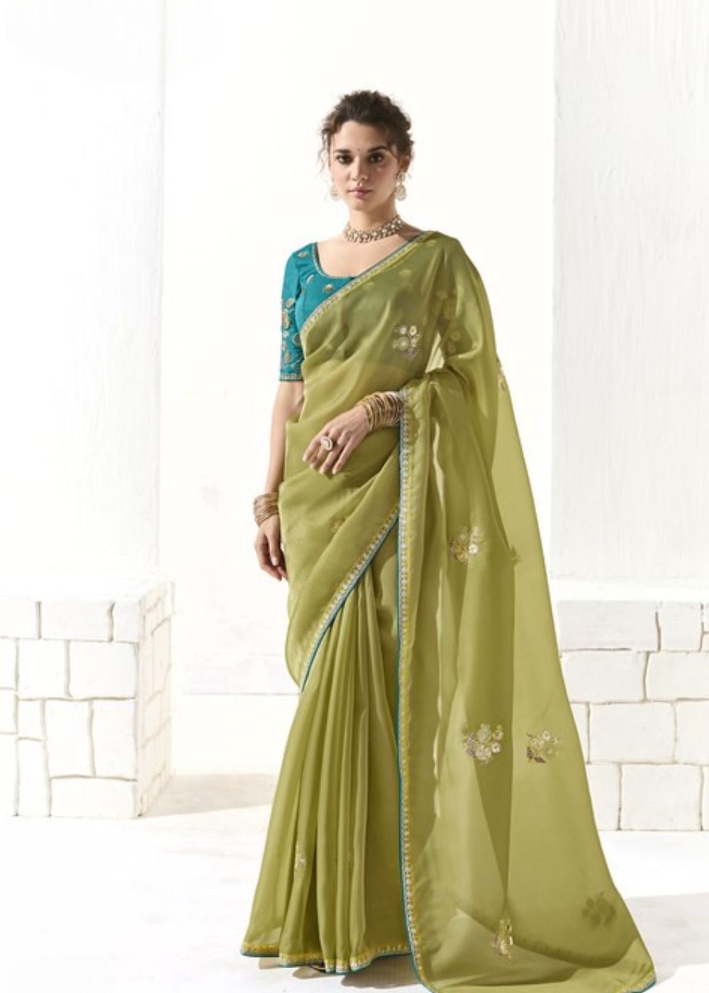 Haldi Pushp – Lime Green & Yellow Organza Tissue Saree with Butta Work