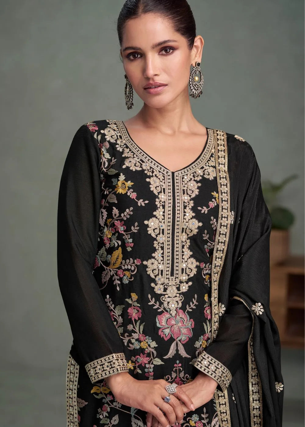 Midnight Noir Floral Majesty Chinnon Silk Suit Ensemble