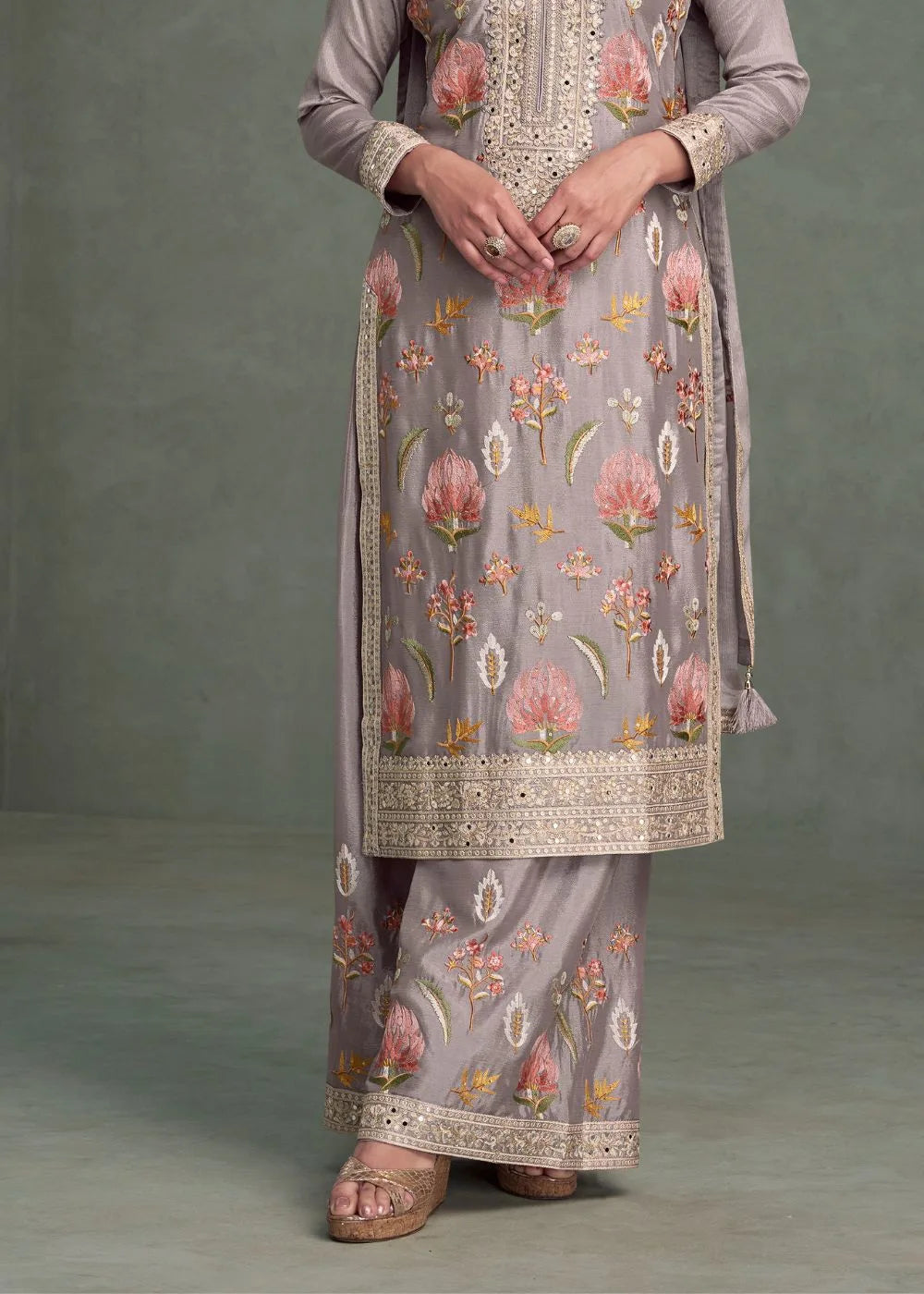 Lavender Mist Bloom Chinnon Silk Embroidered Suit Set
