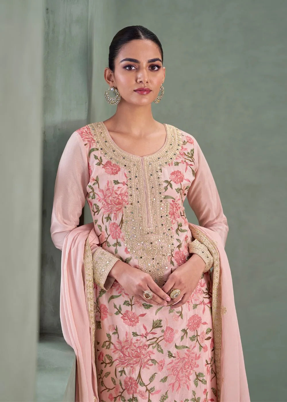 Blush Rose Garden Premium Chinnon Silk Embroidered Suit Set