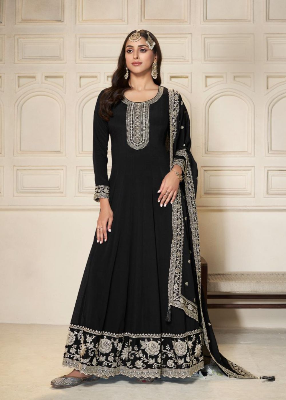 Midnight Elegance Embroidered Chinnon Gown