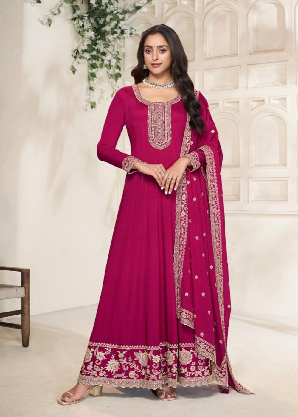 Fuchsia Bloom Embroidered Chinnon Gown