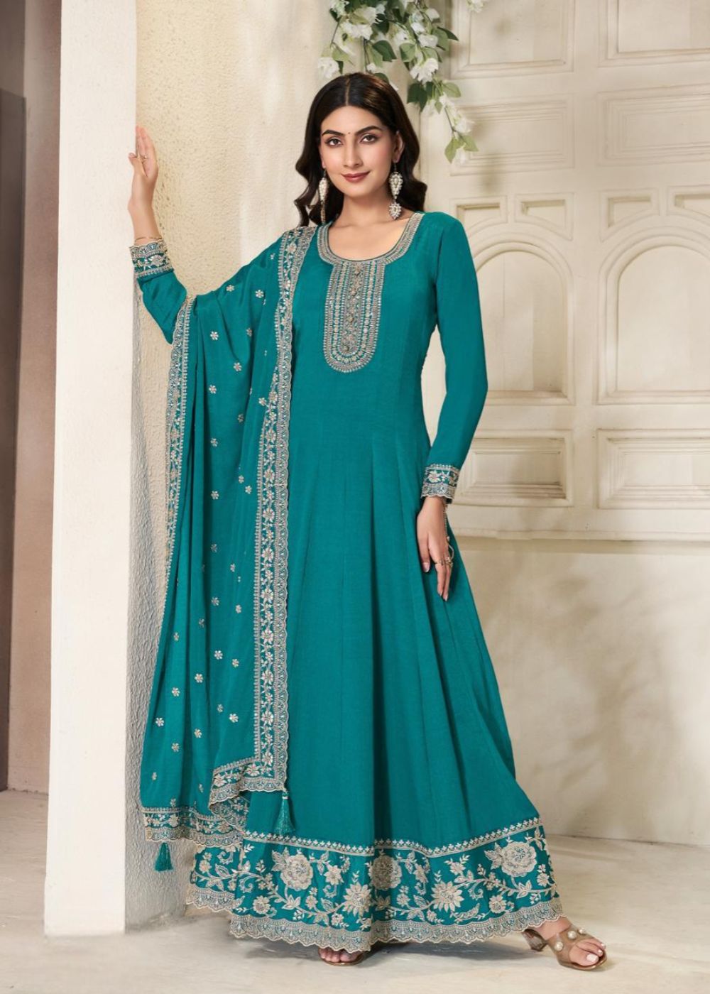 Verdant Charm Embroidered Chinnon Gown