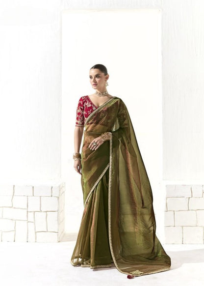 Harit Vastra – Olive Green Organza Tissue Saree with Butta Work