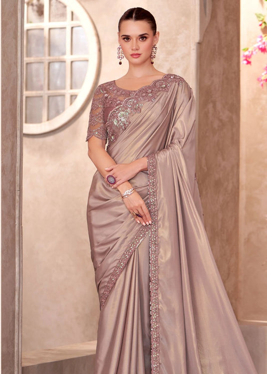 Beige Satin Chiffon Saree with Shimmer Embroidery