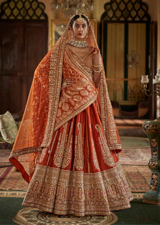Sunset Glow – Saffron Orange Bridal Lehenga Set with Double Dupatta