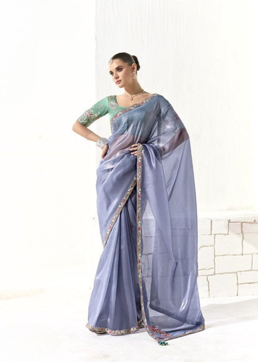 Lavanya Neel-Steel Blue Organza Tissue with Heavy Butta & Border Silk Saree