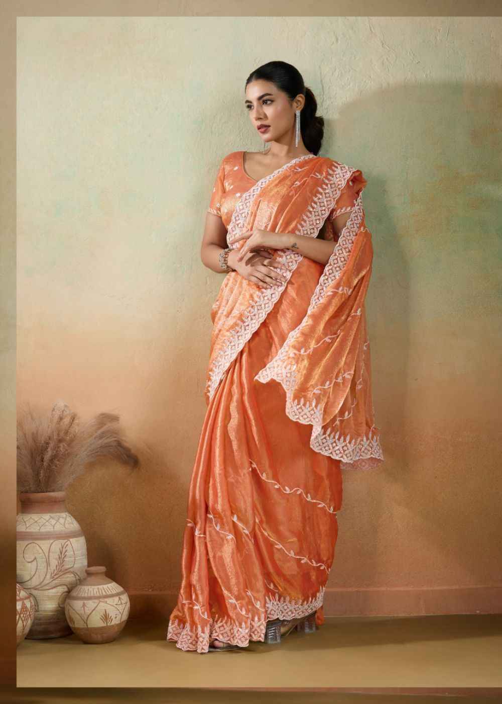 Sunset Coral Velvet Chiffon Saree