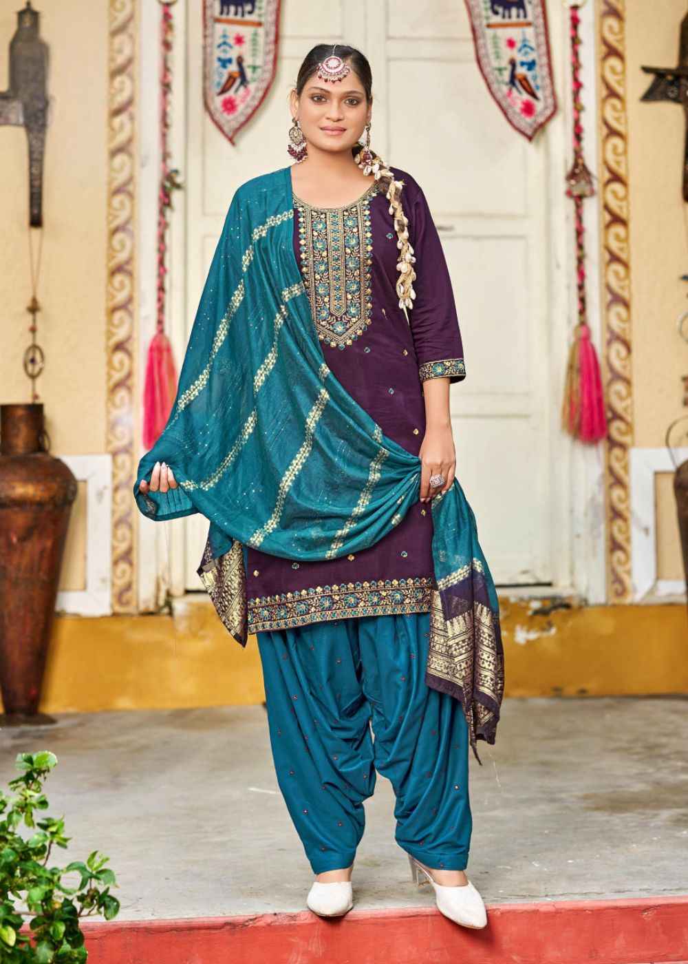 Peacock Teal Royalty – Plum & Teal Silk Embroidered Set