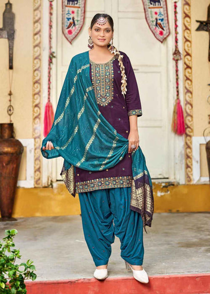 Peacock Teal Royalty – Plum & Teal Silk Embroidered Set