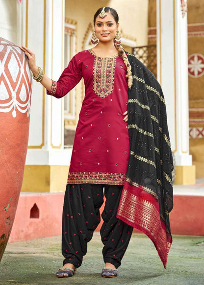 Crimson Black Elegance – Embroidered Ruby Silk Patiyala