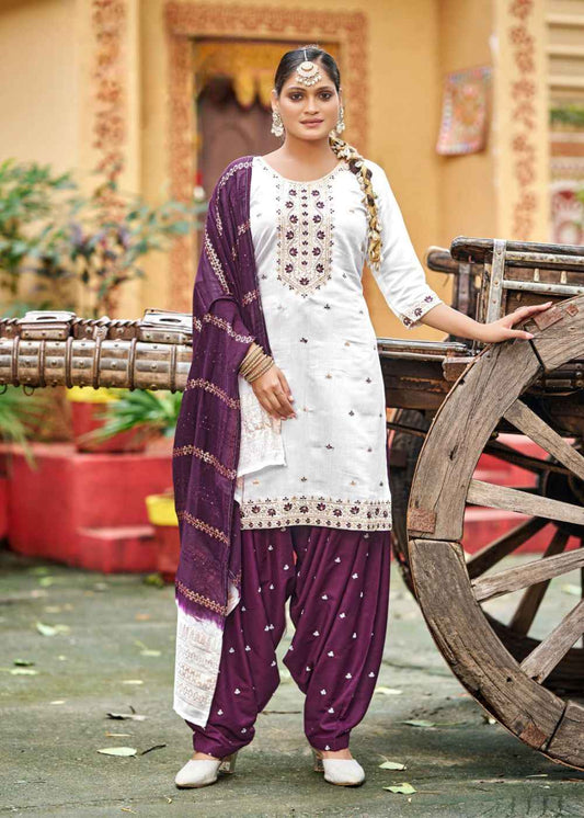 Ivory Plum Dream – White & Wine Embroidered Silk Ensemble