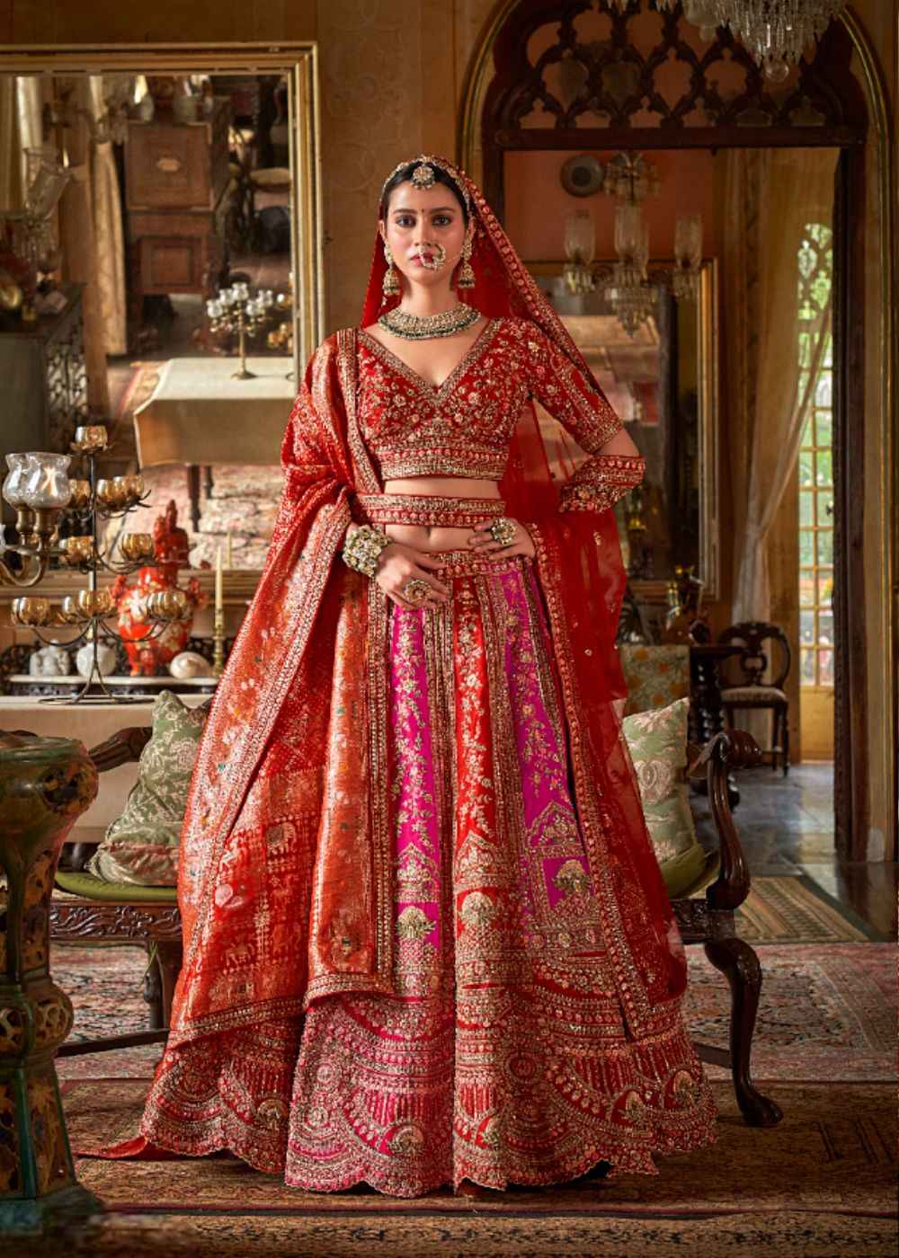 Sunset Coral & Fuchsia Glow Bridal Lehenga