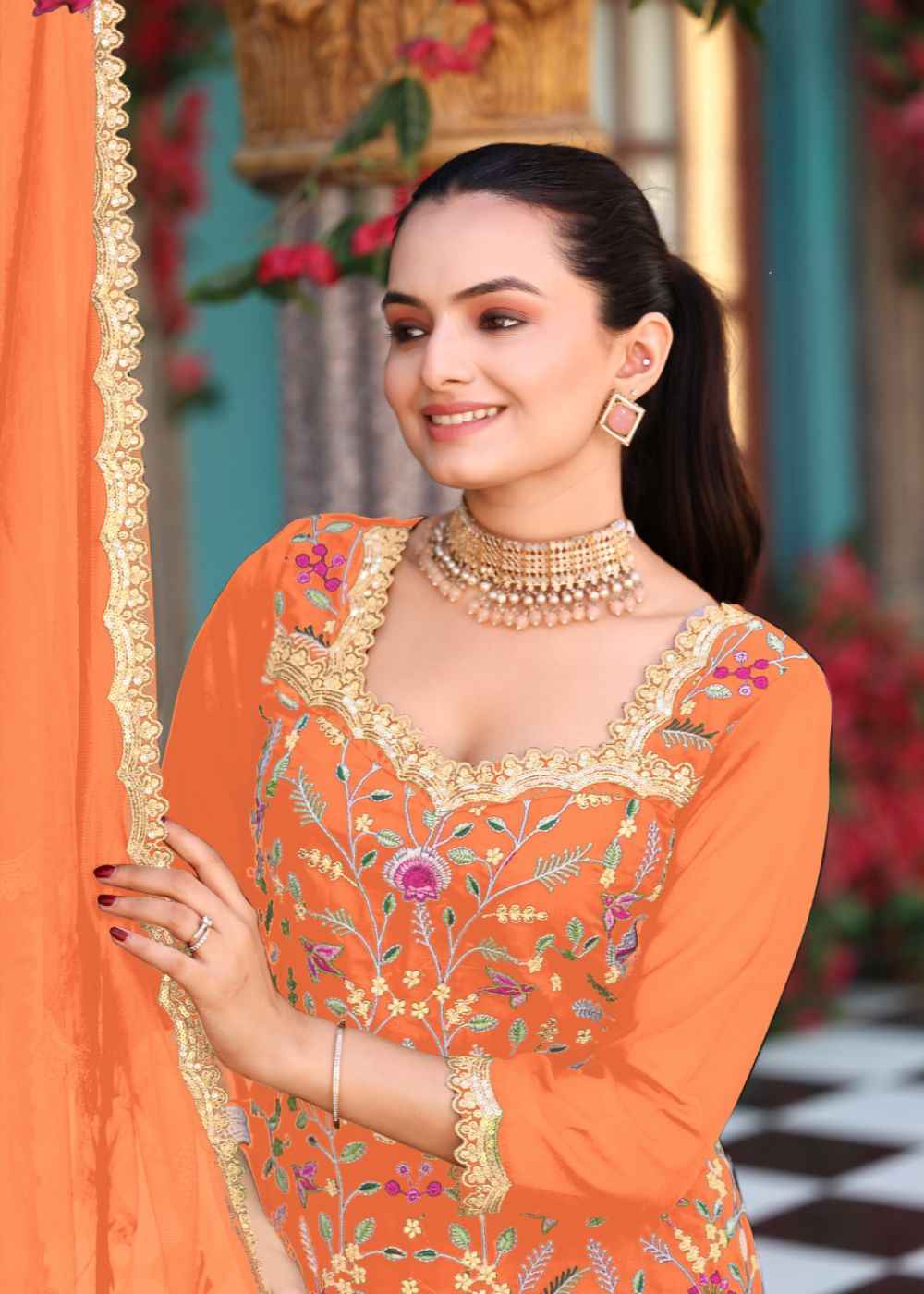 Tangerine Glow Embroidered Georgette Set