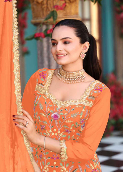 Tangerine Glow Embroidered Georgette Set