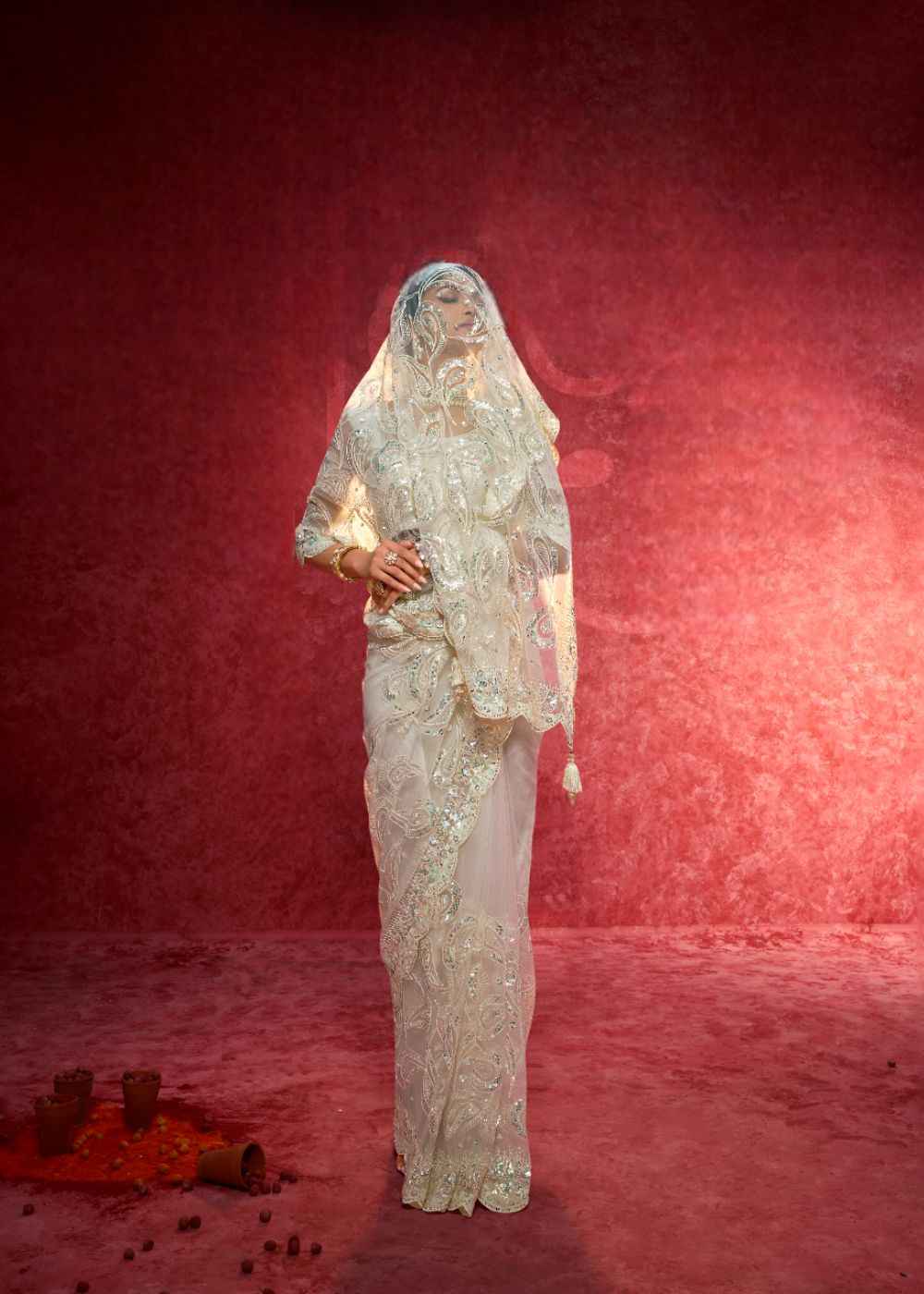 Off White Elegance (Nett Work Saree)