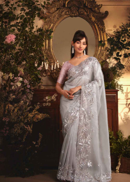 Silver Cloud Tissue Organza Saree
