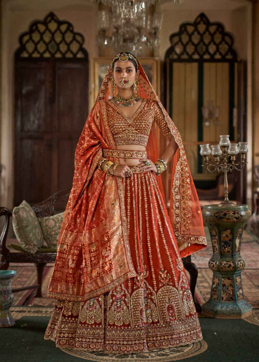 Regal Ember – Radiant Orange Bridal Lehenga Set with Double Dupatta