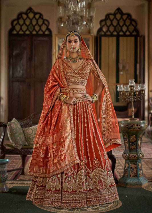 Regal Ember – Radiant Orange Bridal Lehenga Set with Double Dupatta