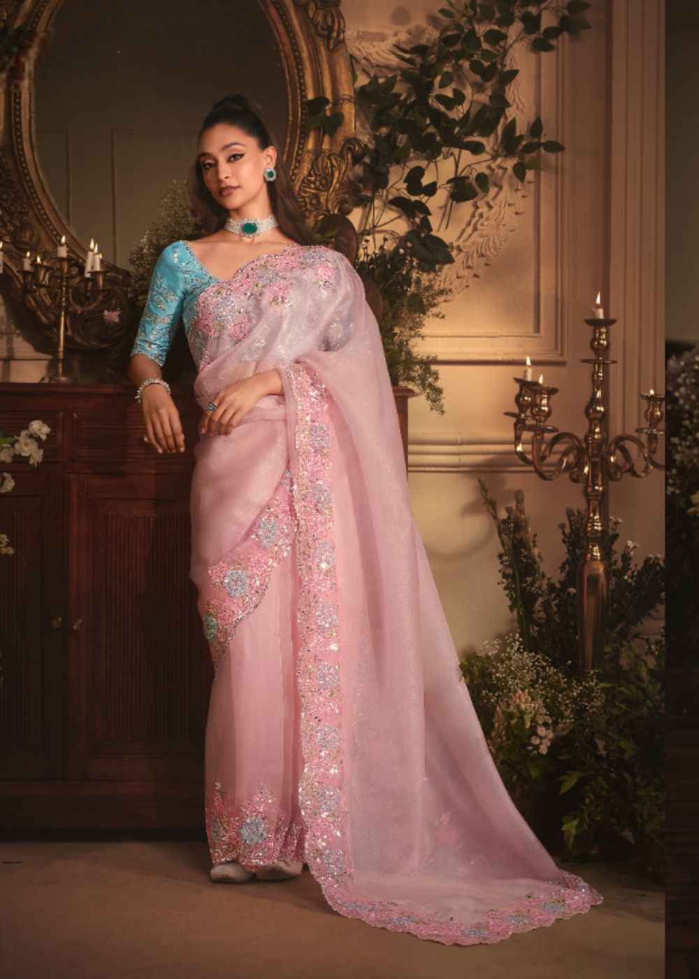 Baby Pink Tissue Organza Saree