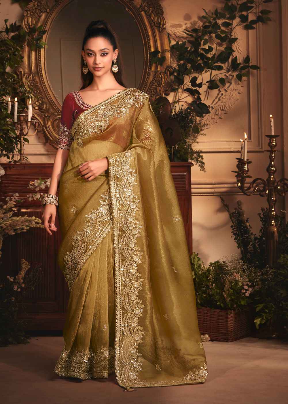 Olive Gold Tissue Organza Saree