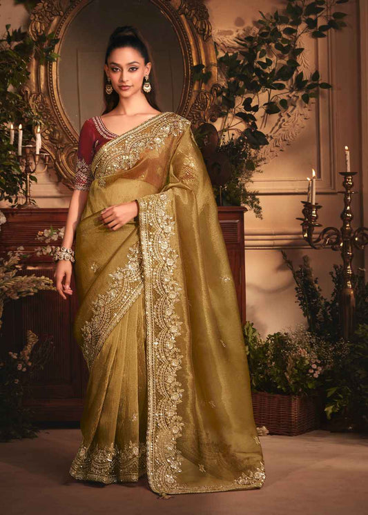 Olive Gold Tissue Organza Saree