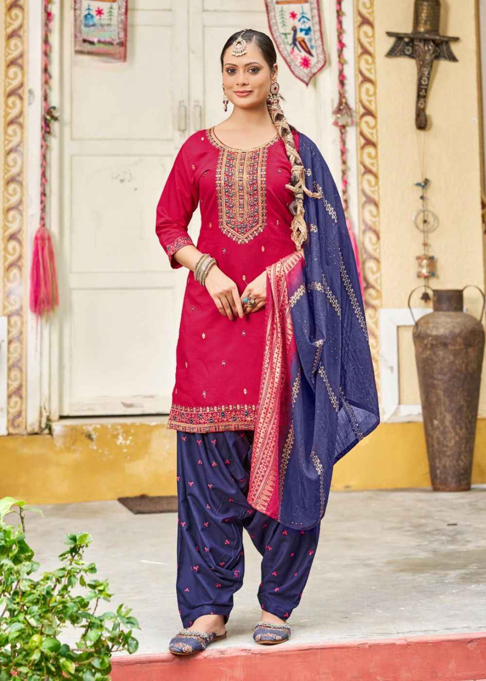 Wine Navy Splendour – Zari Embroidered Patiyala Suit