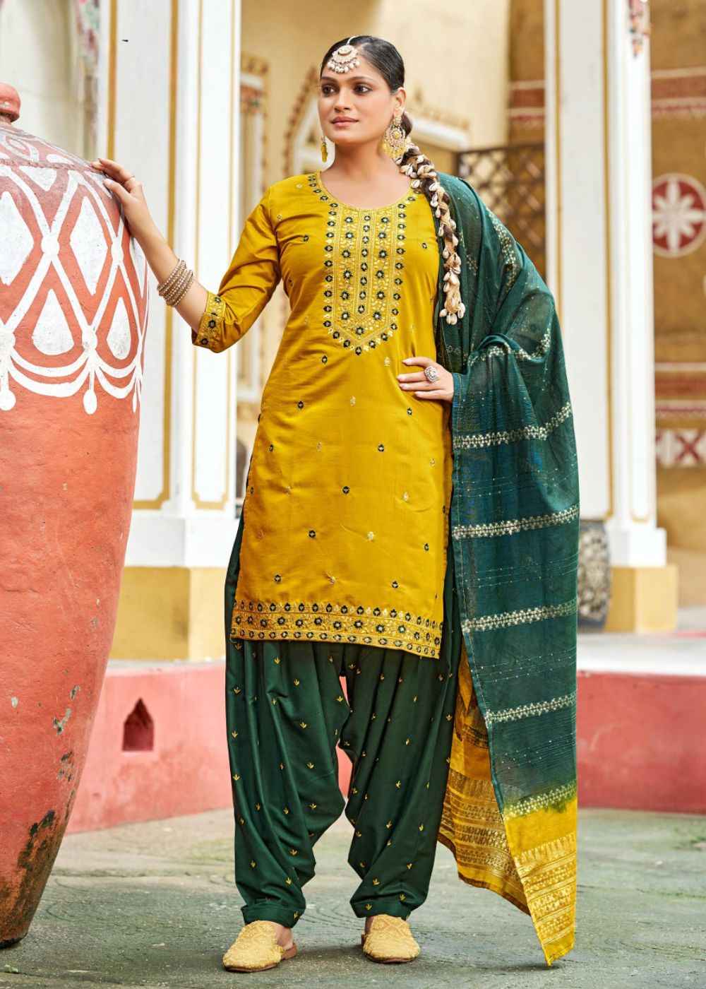 Golden Mustard Glamour – Gadhwal Silk Patiyala Suit